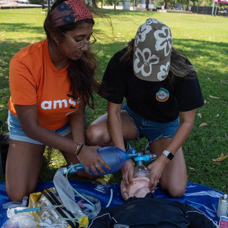 Tish Sivagnanan and Shreya Mago medical students demonstrate Airway Management Skills at the CareFlight training center as part of the AMSA Rural Health summit at Fort Hill Parkland, Darwin