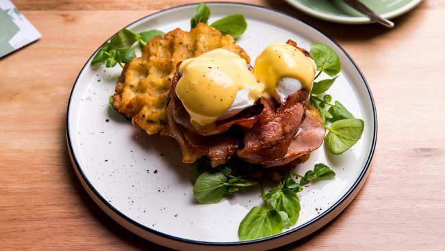 Waffled Benedict hits the spot at Parkstone cafe. Picture: Brodie Chan