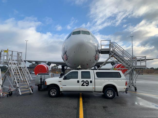 One of the aircraft being blocked at Perth Airport. It is a Virgin Australia Airbus A320. Picture: Geoffrey Thomas