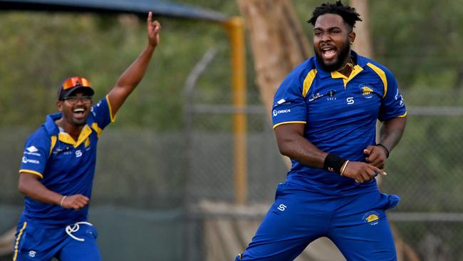 Deer Park’s Roshon Primus celebrates a wicket. Picture: Andy Brownbill