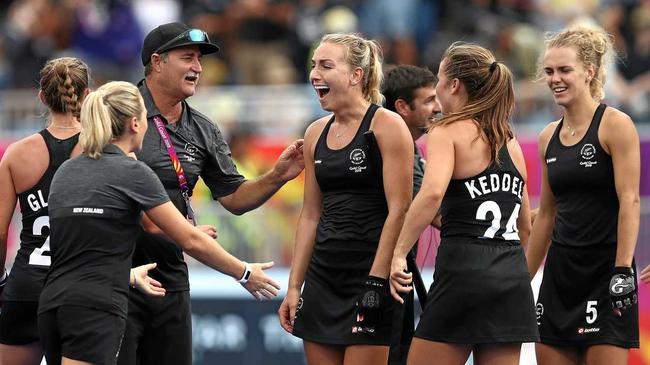 HISTORY: Maryborough-born New Zealand coach Mark Hager congratulates his players after they claimed the women's hockey gold medal courtesy of a 4-1 demolition of the Hockeyroos. It was New Zealand's first Olympic or Commonwealth Games gold medal. Picture: Ryan Pierse