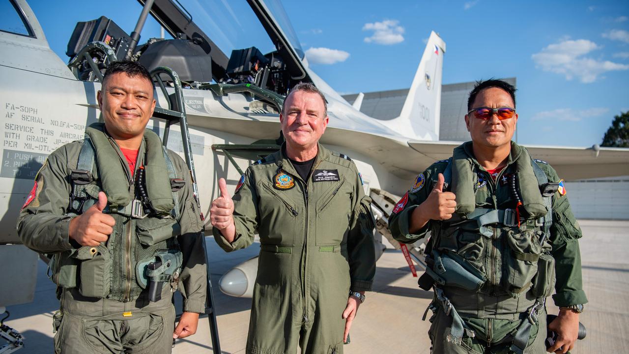 LTC Michael G Rabina PAF, Air Commodore Pete Robinson and COL Randy M Pascua PAF (GSC) as Filipino fighter pilots touch down in Darwin for Exercise Pitch Black 24. Picture: Pema Tamang Pakhrin