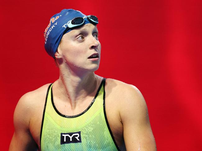 INDIANAPOLIS, INDIANA - JUNE 30: Katie Ledecky reacts after competing in the Women's 400 Meter Freestyle Final on day four of the Phillips 66 National Championships at Indiana University Natatorium on June 30, 2023 in Indianapolis, Indiana.   Sarah Stier/Getty Images/AFP (Photo by Sarah Stier / GETTY IMAGES NORTH AMERICA / Getty Images via AFP)