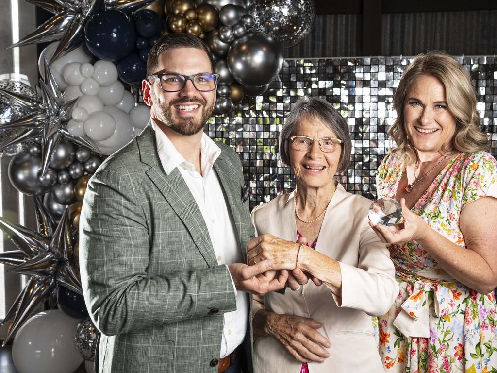 Roslyn Reilly (centre), winner of the Hogans Family Jewellers Diamond Draw, with Lachlan Hogan and Alison Kennedy of Toowoomba Hospital Foundation at the Ladies Diamond Luncheon at The Goods Shed, Friday, October 11, 2024. Picture: Kevin Farmer