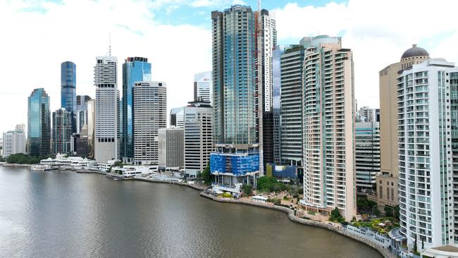 Aerial view of the Brisbane city skyline and inner city CBD, viewed from the Brisbane River. Picture: Brendan Radke