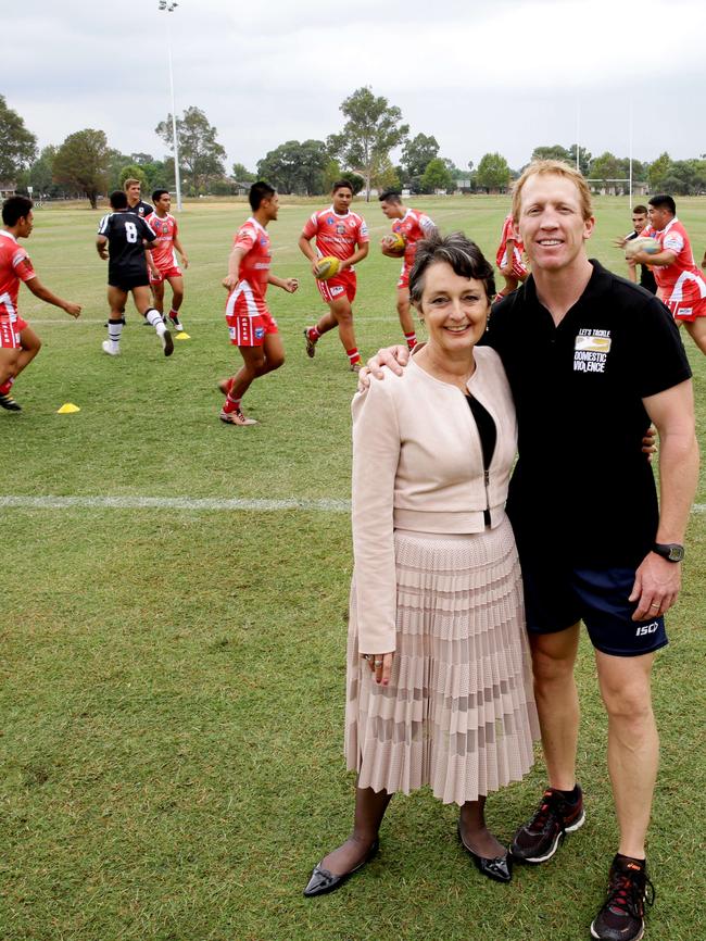 Pru Goward with Tackling Violence mentor, former Canberra Raiders captain Alan Tongue at Tuesday’s launch.