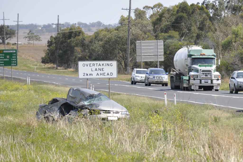 The male driver of this car was killed in a collision with a truck 20km west of Toowoomba on the Warrego Hwy.