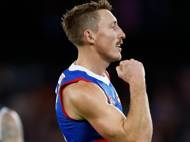 MELBOURNE, AUSTRALIA - APRIL 18: Bailey Dale of the Bulldogs celebrates a goal during the 2024 AFL Round 06 match between the St Kilda Saints and the Western Bulldogs at Marvel Stadium on April 18, 2024 in Melbourne, Australia. (Photo by Michael Willson/AFL Photos via Getty Images)