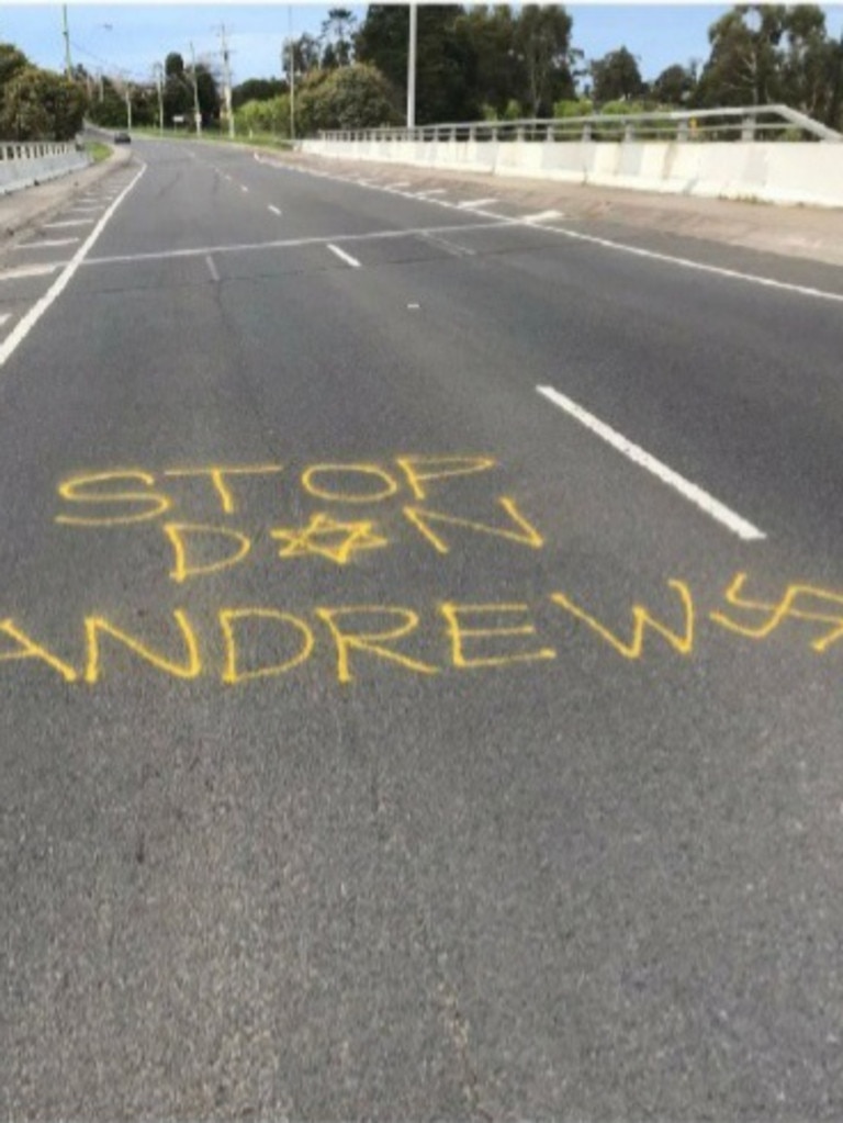 Anti-Semitic graffiti targeting Daniel Andrews was sprayed on a road in Donvale in Melbourne’s outer east in September.