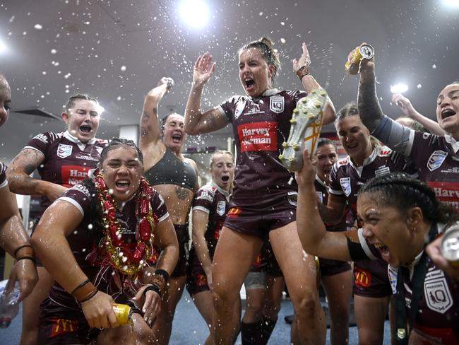 Queensland Maroons celebrate after Women's State of Origin Game 2 2024 win. Picture: NRL Imagery
