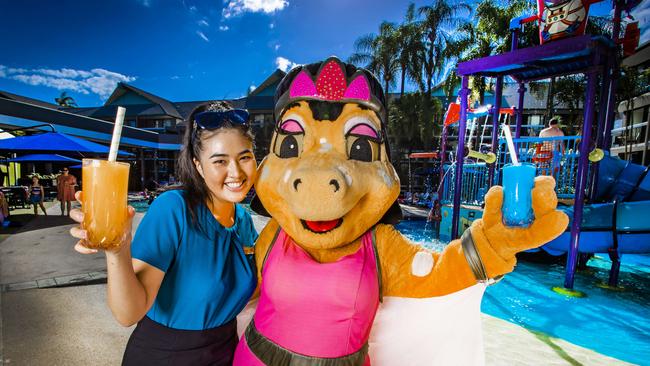 Paradise Resort is part of the new Great Queensland Getaway campaign. Paradise Resort Gold Coast staff Tina Rodgers and Cleo are gearing up for a busy few months. Picture: NIGEL HALLETT