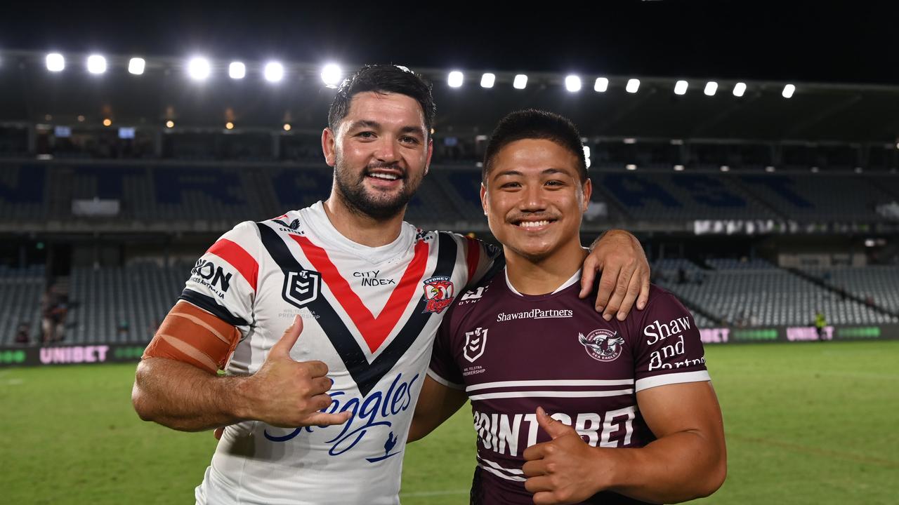 ‘Hectic Cheese’ Brandon Smith unites with ‘Little Cheese’ Gordon Chan Kum Tong. Picture: NRL Imagery.