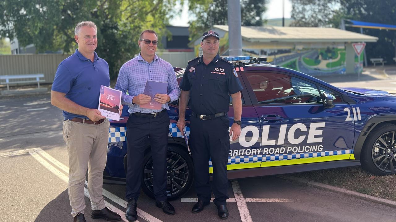 Infrastructure Minister Joel Bowden, MACC Commissioner Will Oliver and NT Police Acting Divisional Superintendent Paul Wood urge Territorians to drive safely as they announce the new NT Road Safety Action Plan. Picture: Fia Walsh