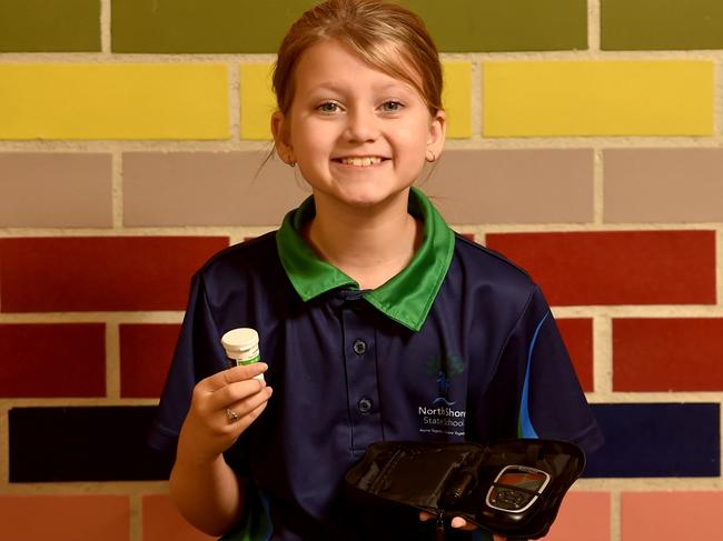 Northshore State Primary School student Poppy Whiting, 9, with her diabetes testing kit.  Picture: Evan Morgan