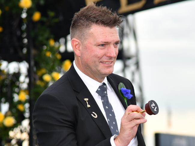 Darren Thomas after drawing barrier 12 for Rostropovich during the 2019 Melbourne Cup Barrier Draw at Flemington on Saturday. Picture: AAP/Vince Caligiuri