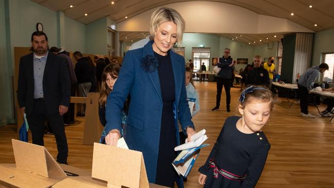Liberal candidate for Warringah Katherine Deves voting at Saint Kieran's Catholic School in Manly Vale. Picture: Julian Andrews