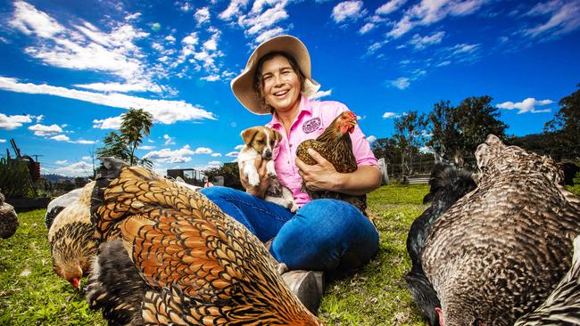 Kay Tommerup with her puppy ‘Bear’ and her chooks. Picture: Nigel Hallett