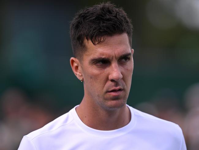 Thanasi Kokkinakis during his limited play against Lucas Pouille of France. Picture: Mike Hewitt/Getty Images