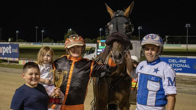 Robbie and KerryAnn Morris with children Archie and Stella celebrate their Ballarat Cup win with Kanena Provlima, who is again on a Shepparton Gold Cup path. Picture: Stuart McCormick