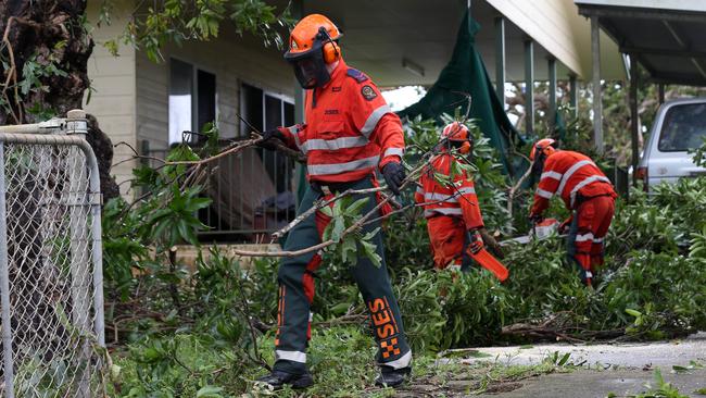 Lockhart River on Cape York where Cyclone Trevor crossed the coast in 2019. SES members from the Cairns region work clearing fallen trees around the town. PICTURE: STEWART MCLEAN