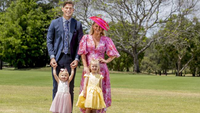 Geelong star Tom Hawkins, wife Emma and their children Primrose, 1, and Arabella, 3. Picture: Jerad Williams