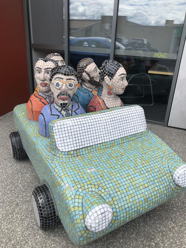 Tony Woodward’s mosaic work Frida’s Carload outside the Moonah Arts Centre. Picture: Margaret Woodward