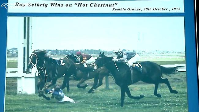 A screengrab from a Sky Racing documentary which featured Ray Selkrig talking about his famous finish 