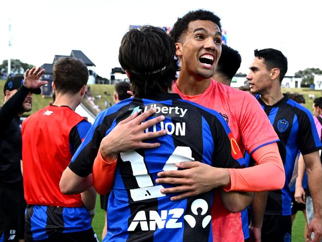 AUCKLAND, NEW ZEALAND - OCTOBER 27: Alex Paulsen of Auckland FC celebrates with Liam Gillion of Auckland FC after winning the round two A-League Men match between Aukland FC and Sydney FC at Go Media Stadium, on October 27, 2024, in Auckland, New Zealand. (Photo by Hannah Peters/Getty Images)