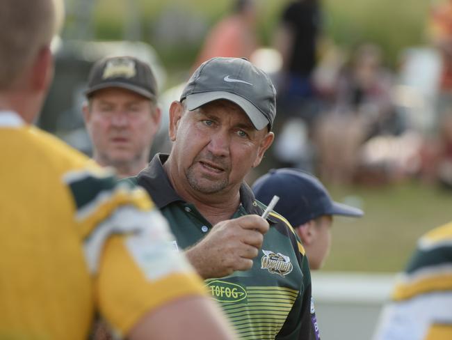 Coach Col Speed talks to his Orara Valley players at half-time during the Hoey Moey Tooheys Coffs Coast 9s final against Coffs Harbour Comets at Geoff King Motors Park. The Axemen won 12-10. February 17, 2018