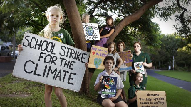 Brisbane students preparing to skip school include Thea, Alex, Zac, Norma, Elia, Sunny, Claudia and Sara. Picture: AAP/Megan Slade