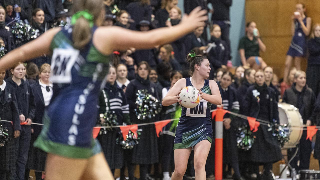 Jorja Bubb of St Ursula's Senior B against Downlands Second VII in Merici-Chevalier Cup netball at Salo Centre, Friday, July 19, 2024. Picture: Kevin Farmer