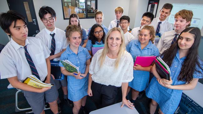 McKinnon Secondary teacher, Lauren Mauger, with her year 11 maths class. Picture Jay Town