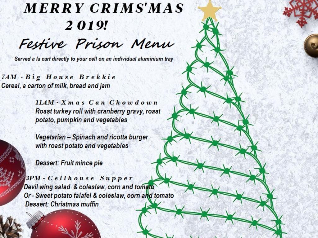 Prison cell menu of what child molester Robert Hughes and every other crim in NSW prisons will eat on Christmas Day 2019.