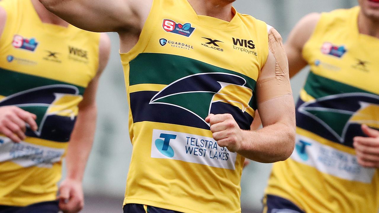 SANFL FINALS - Sunday, 4th October, 2020 - Second Semi Final - Woodville West Torrens Eagles v North Adelaide. Eagles James Rowe celebrates his goal Picture; Sarah Reed