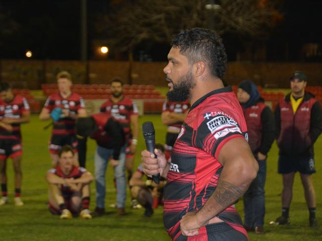 Valleys captain Dwayne Duncan on the mic after his side's 32 point defeat.