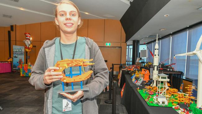 Ballina Lego master builder Coopa Donnelly, 15, showcasing the Ballina Big Prawn among many other creations, at the Ballina Brick Event in the Ballina RSL Club on Sunday, April 16.