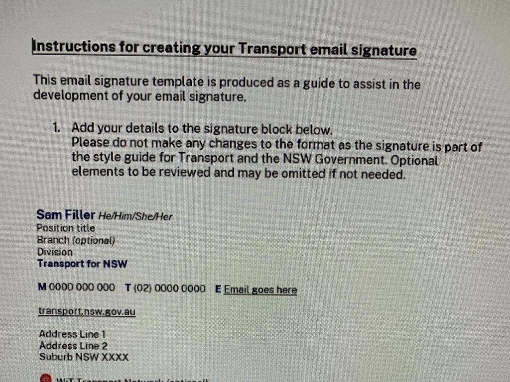 A leaked copy of instructions sent to NSW Transport staff which requires pronouns be put next to their name.