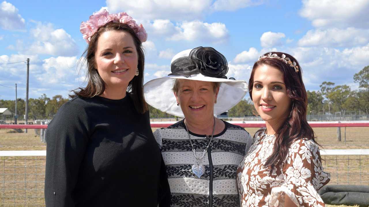 Sarah Gossage, Roslyn Bougoure, and Emily Vicary at the Tara Races October 6, 2018. Picture: Brooke Duncan