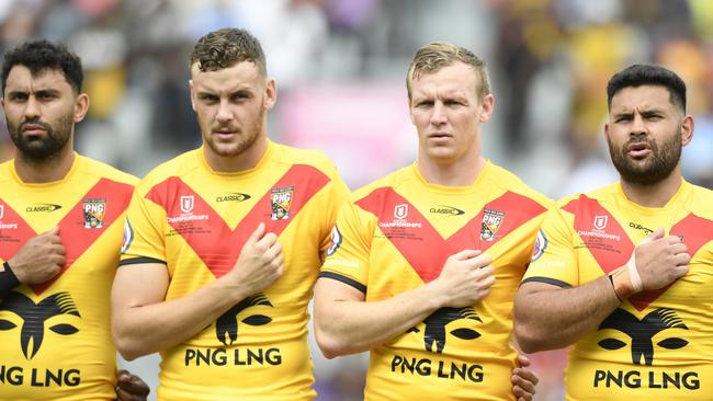 (L-R) Alex Johnston, North Queensland Cowboys player Zac Laybutt with brother Kyle Laybutt of the Townsville Blackhawks and Rhyse Martin for Papua New Guinea during the 2023 Pacific Championship. Picture: NRL Imagery