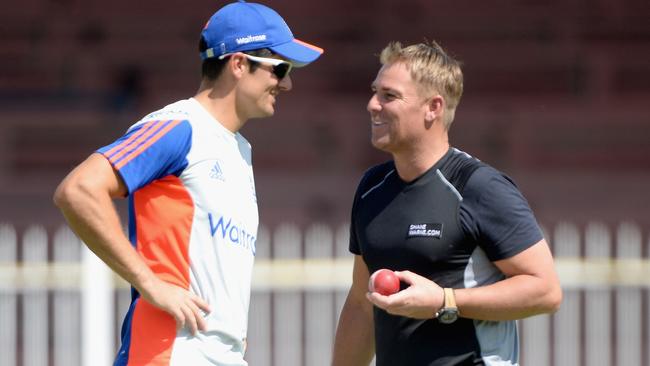 England captain Alastair Cook speaks with Shane Warne during a nets session at Sharjah Cricket Stadium in 2015 in United Arab Emirates.