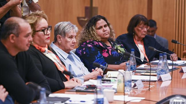 Thomas Mayo, Megan Davis, Pat Anserson and Sally Scales listen to Prime Minister Anthony Albanese during the Referendum Working Group meeting at Parliament house in Canberra. Picture: NCA NewsWire / Martin Ollman