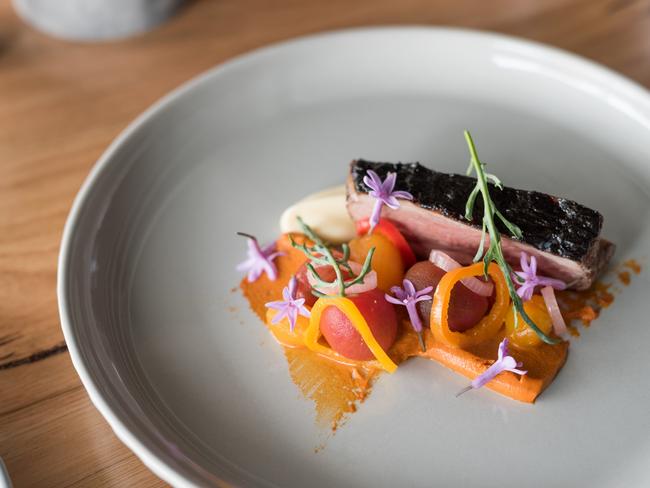 The Ballarat lamb rump with black and white garlic, romesco, tomatoes. Photo: Jo O’Kelly