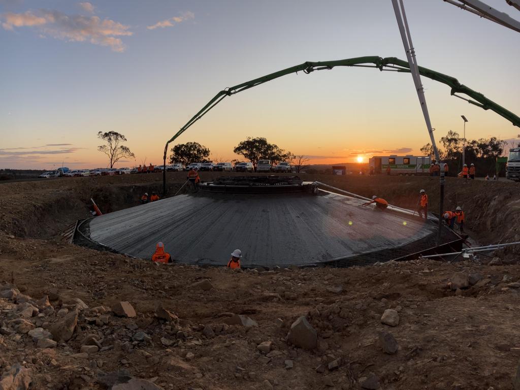 The pour of the first concrete wind turbine foundation for the MacIntyre Wind Farm. Picture: Supplied