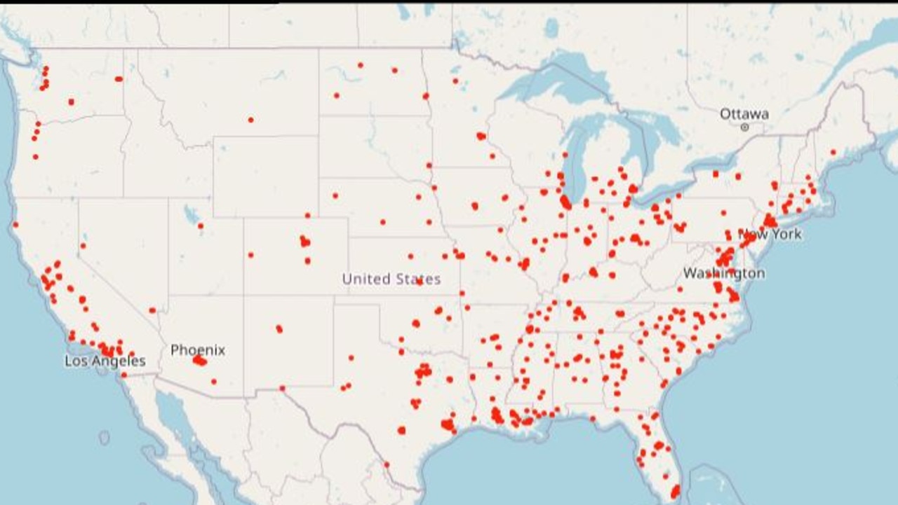 This shows where teenagers have been killed. Picture: Gun Violence Archive