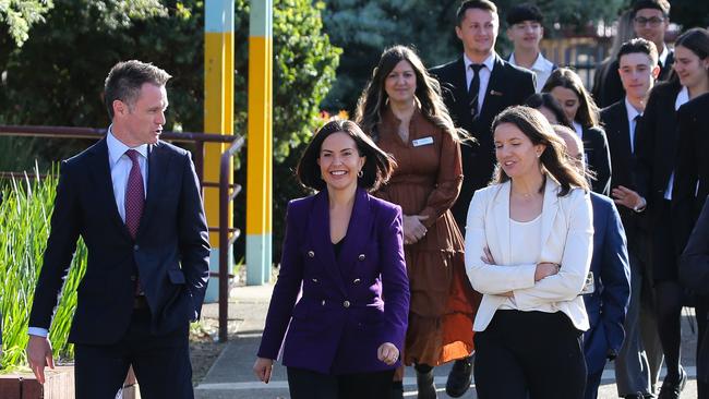 Chris Minns, Premier of New South Wales, Prue Car, Minister for Education and Early Learning, Rose Jackson, Minister for Mental Health and Minister for Youth, arrive to meet with student leaders at Bossley Park High School. Picture: NewsWire/ Gaye Gerard