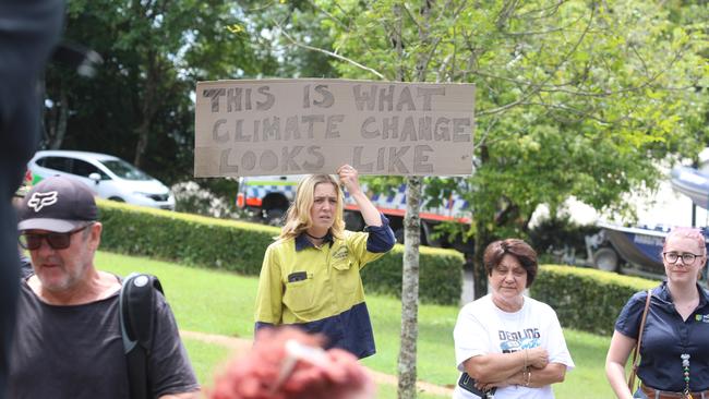 The PM was “apparently rattled by a tiny rag-tag bunch of climate change protesters” in Lismore, so snubbed the devastated residents. Picture: Nicholas Rupolo