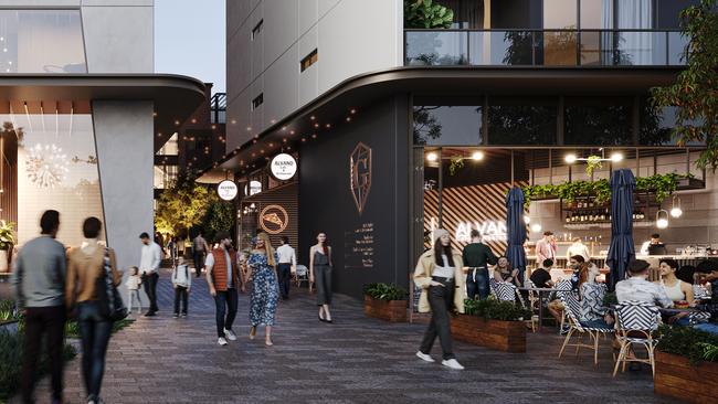 An artist’s impression of an alfresco dining area at Gladstone Village, Merrylands.