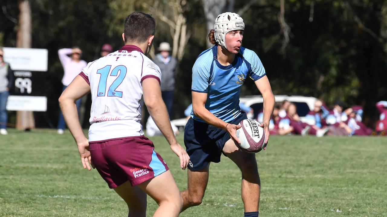 TAS First XV schoolboy rugby grand final between Ormiston College and St Columban's College. Ormiston’s Laif Williams defending St Columban’s Cooper Clark. Saturday June 11, 2022. Picture, John Gass