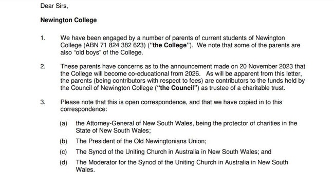 The legal letter sent to the Newington College chairman