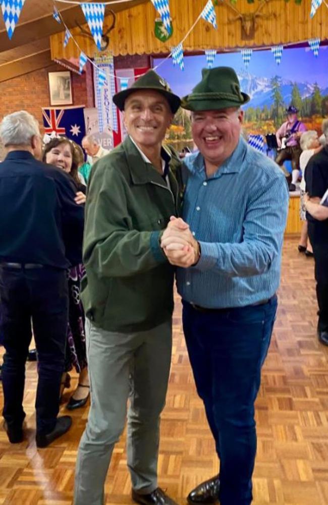 Re-elected Geelong councillors Eddy Kontelj and Anthony Aitken recently got into the swing of things at the Austrian Club’s Oktoberfest event. Picture: Facebook.